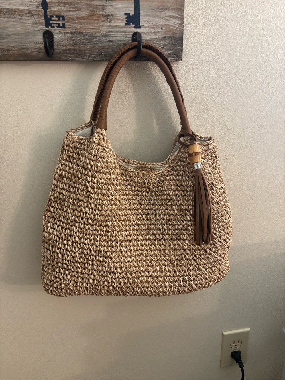 Tommy Bahama Neutral Woven Straw Tote with Brown Leather Handles